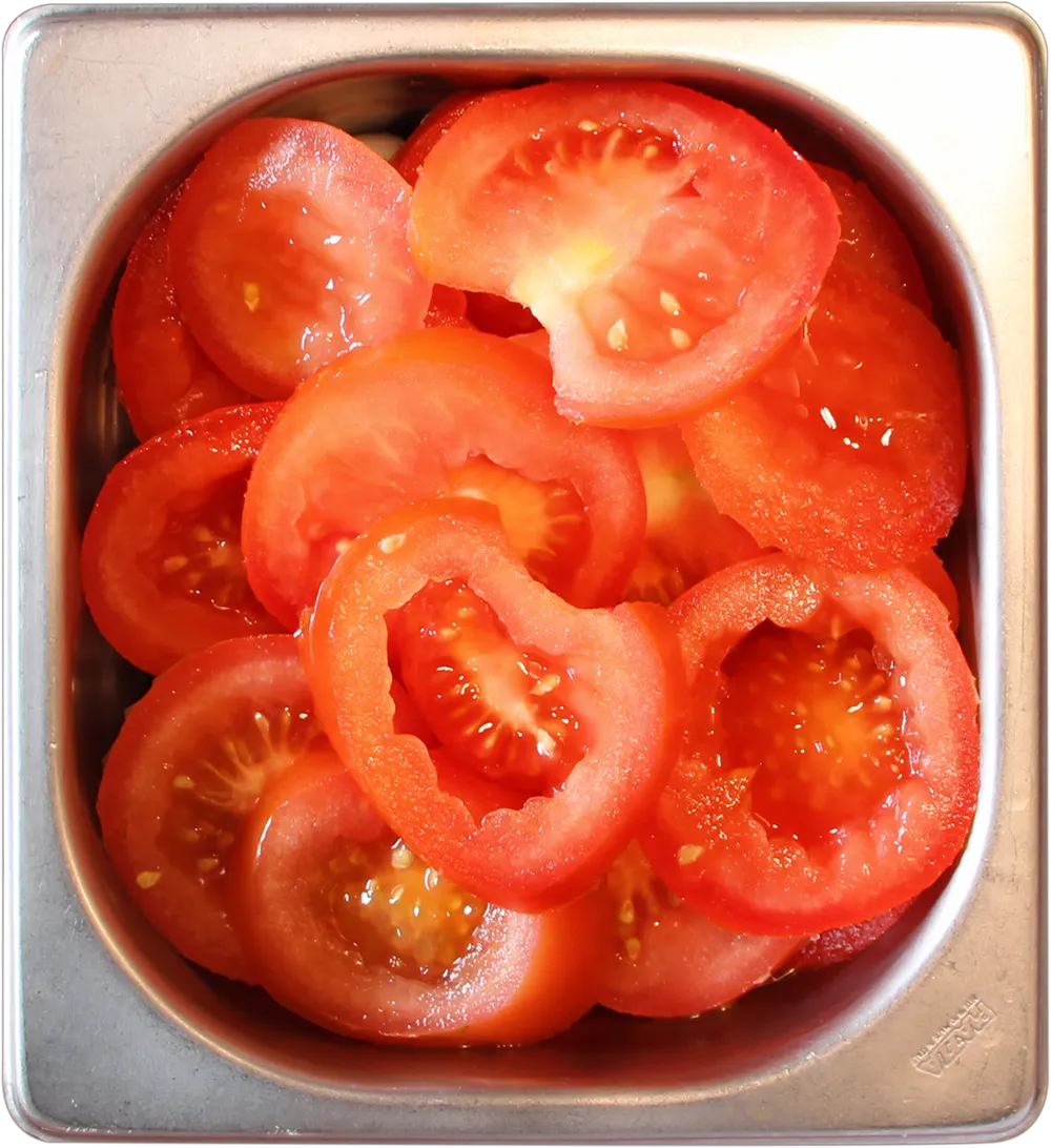 Vaschetta acciaio gastronorm con pomodori affettati